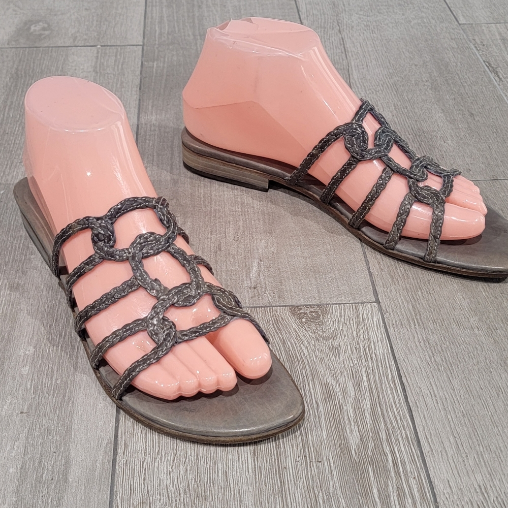 SESTO MEUCCI Dark Olive Green Braided Leather Slides Sandals 8N